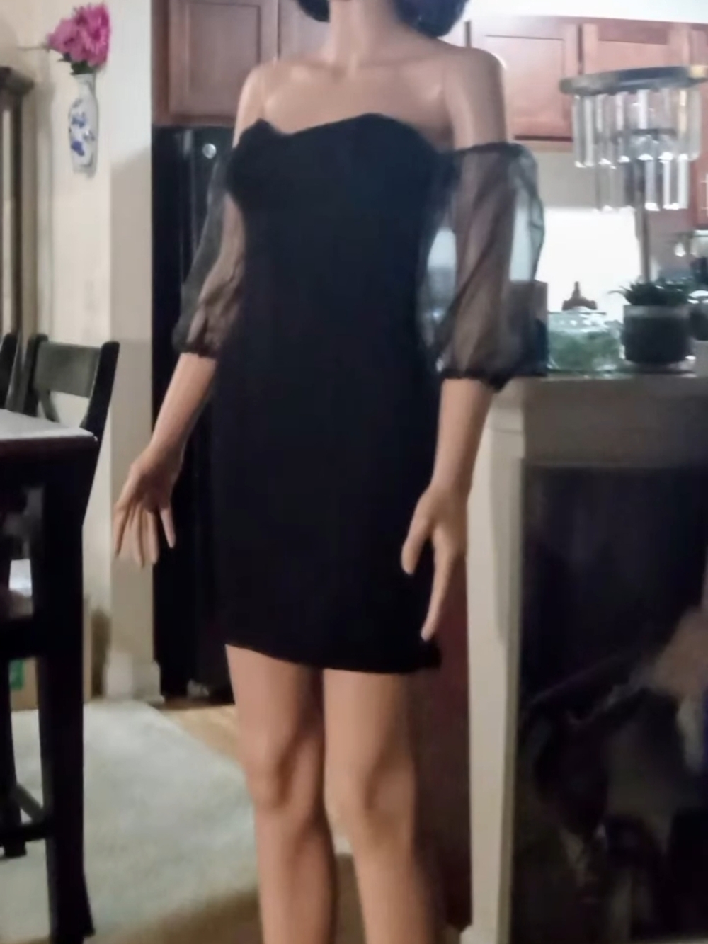 Elegant Black Off-Shoulder Sheer-Sleeve Dress